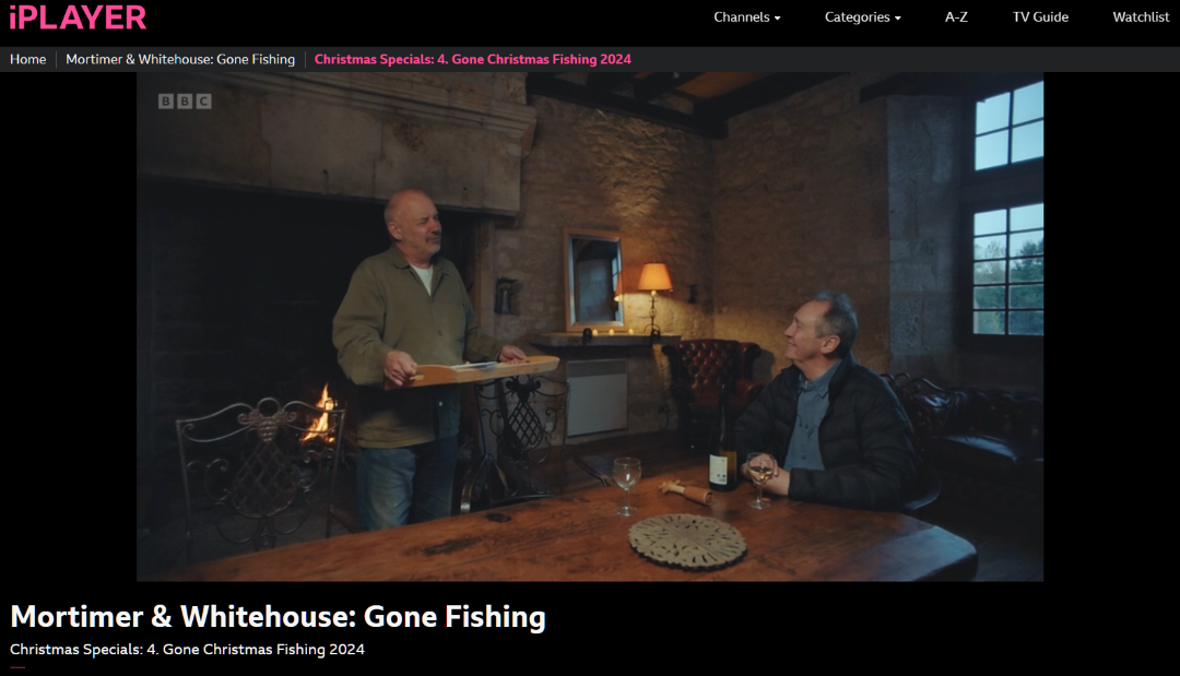 Screenshot of BBC iPlayer showing Bob Mortimer and Paul Whitehouse staying in the mill for their Gone Christmas Fishing 2024 Christmas special.